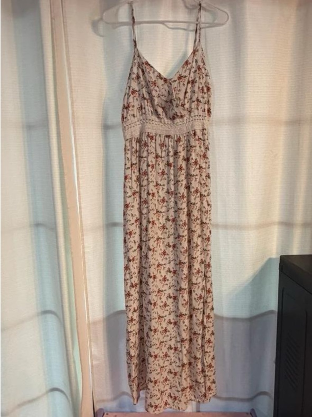 Floral Cream Midi Dress with Spaghetti Straps